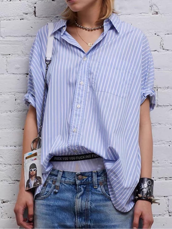 R13 Tops - R13 Stripe Oversize Boxy Button-Up Shirt Light Blue Stripe, XS